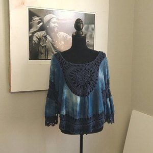 Denim Swing shirt w/butterfly sleeves Mid length top with crochet detail at neck